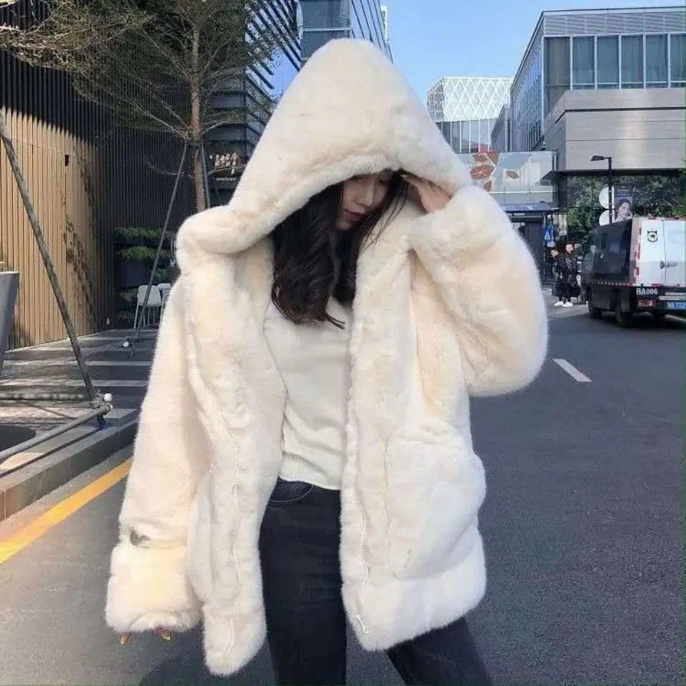 Women's Plush Faux Rabbit Fur Hooded Coat