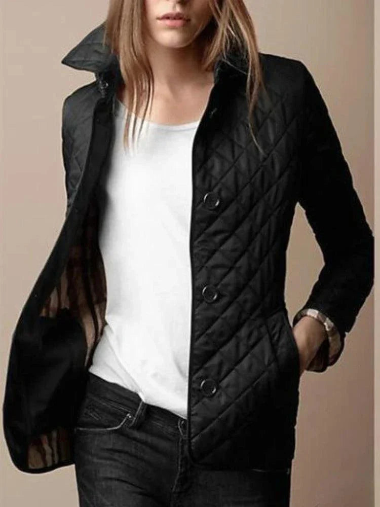 Quilted winter coat for women, elegant single-breasted jacket with turn-down collar.