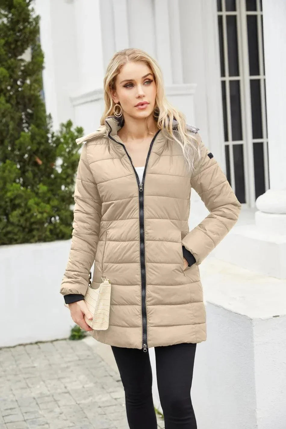 Women's waterproof detachable hat zipper parka, long sleeve, loose fit, autumn winter coat.