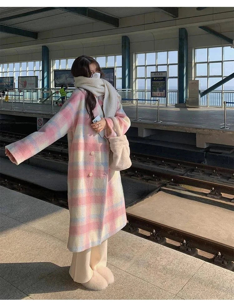 Winter Rainbow Woollen Coat – Y2K Plaid Trench Jacket