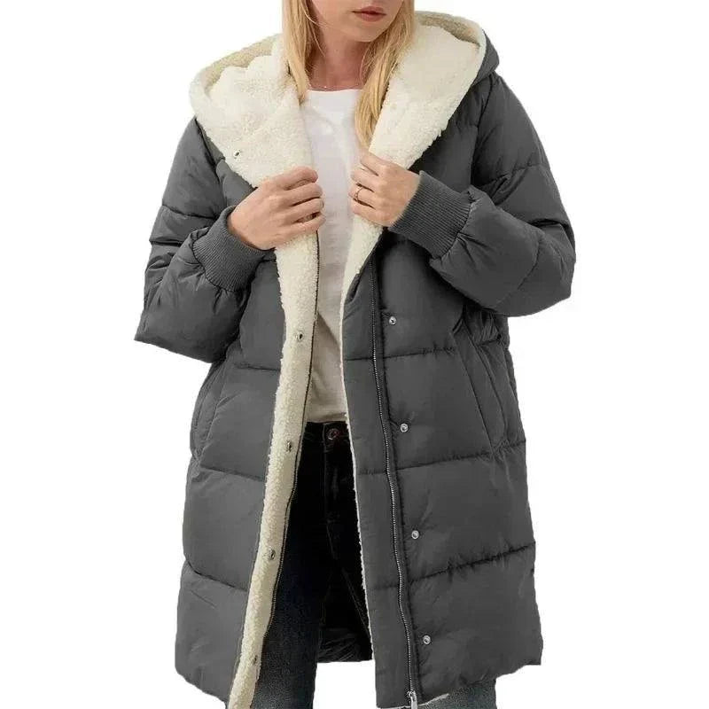 Women's cotton-padded double-sided velvet fleece parka, hooded, slim-fit, winter coat.