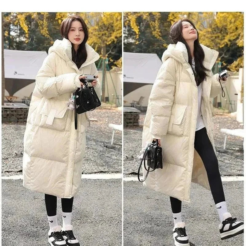 New Korean long puffer jacket 2024 – stylish winter parka with full-length coverage and cozy cotton insulation.