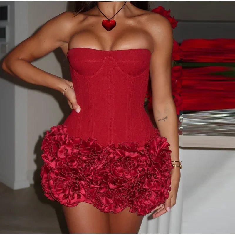 3D Flowers Red Short Party Dress - Alphadarling