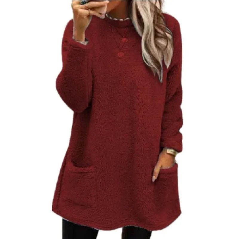 Autumn Winter O Neck Pullover Plush Hoodie for Women