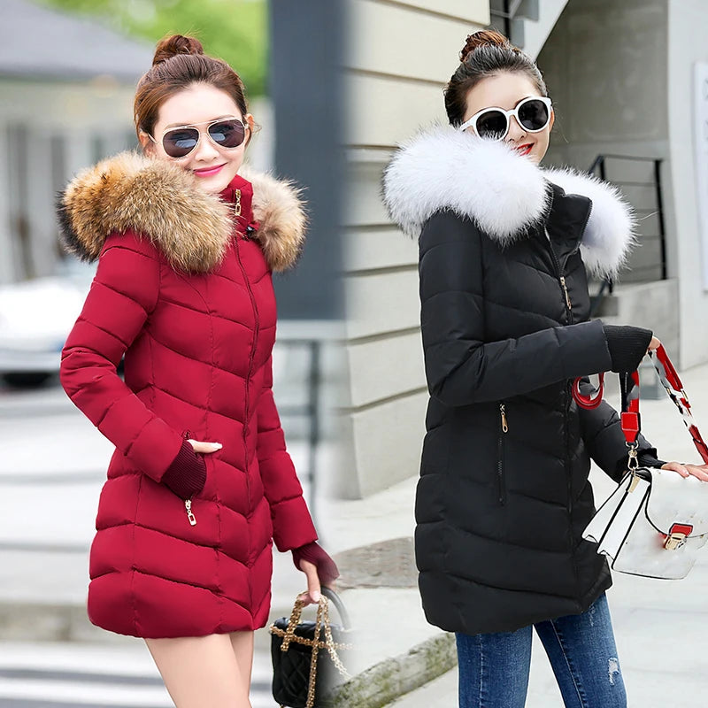 Wine Red Fur Collar Winter Jacket for Women