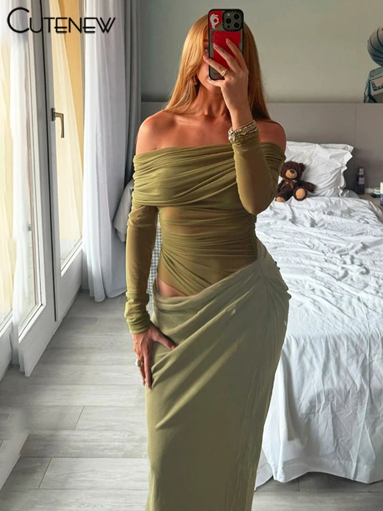 Cutenew Mesh Ruched Off-Shoulder Maxi Dress