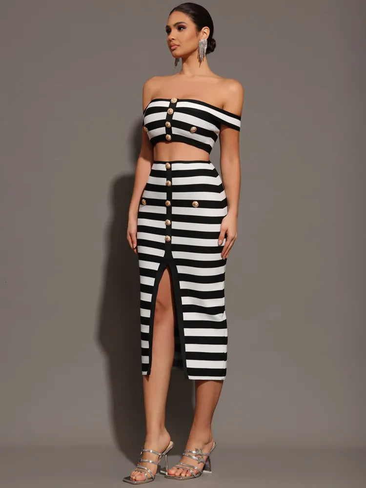 Striped Off-Shoulder Two-Piece Mini Set