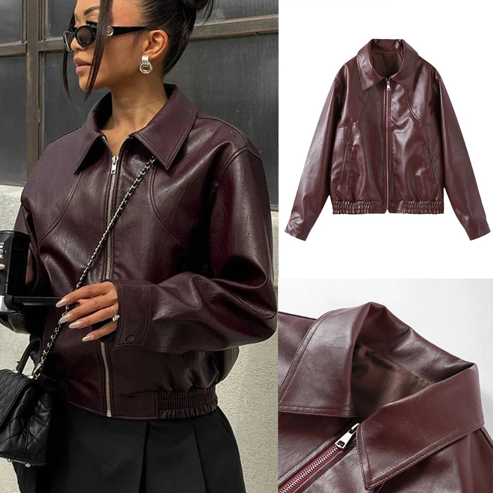 Suninheart Autumn Winter 2024 Women's Moto Biker Zipper Long Sleeve Jacket Faux Leather Jacket Outerwears Causal New in Coats