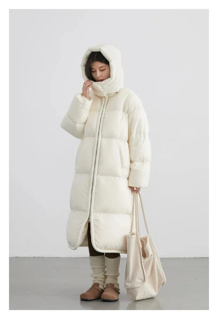 Warm women's long down coat with detachable hood, solid color, perfect for autumn and winter 2023, featuring a thick and soft design for superior insulation.