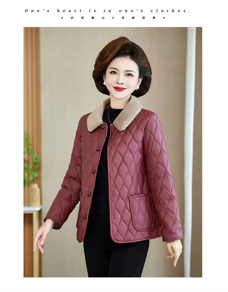 Wine Red Plush Winter Jacket for Women with Fur Collar and Loose Fit