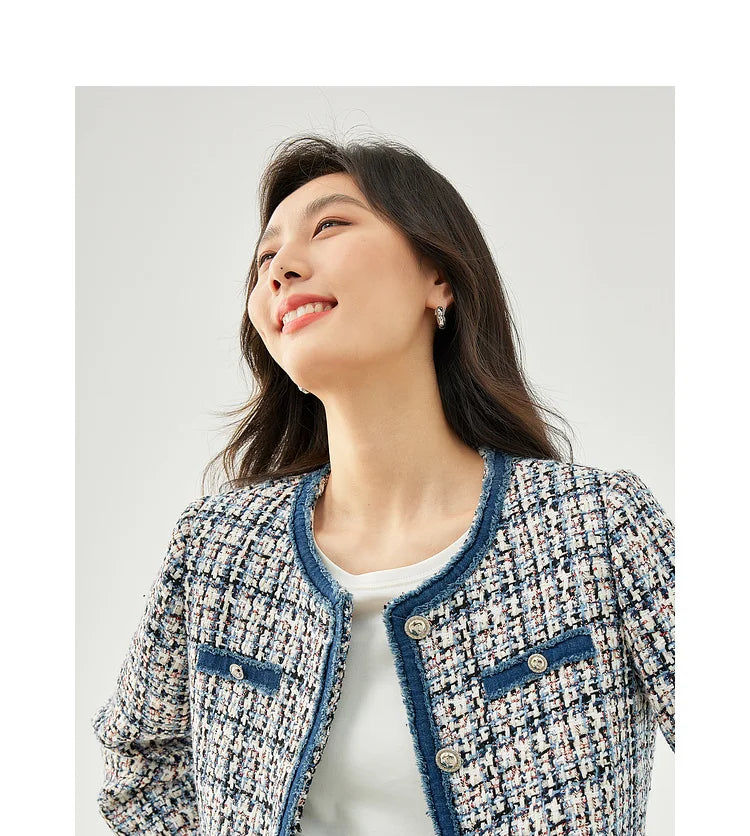 Vimly Plaid Tweed Cropped Jacket for Women