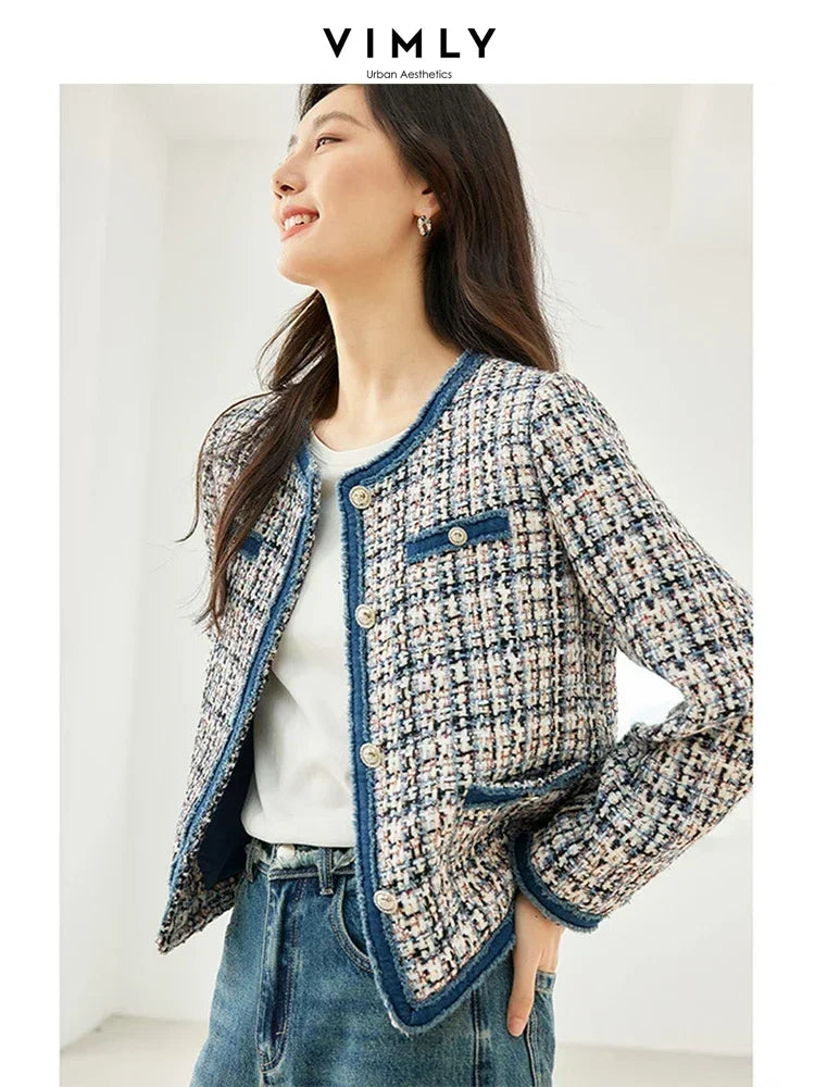 Vimly Plaid Tweed Cropped Jacket for Women