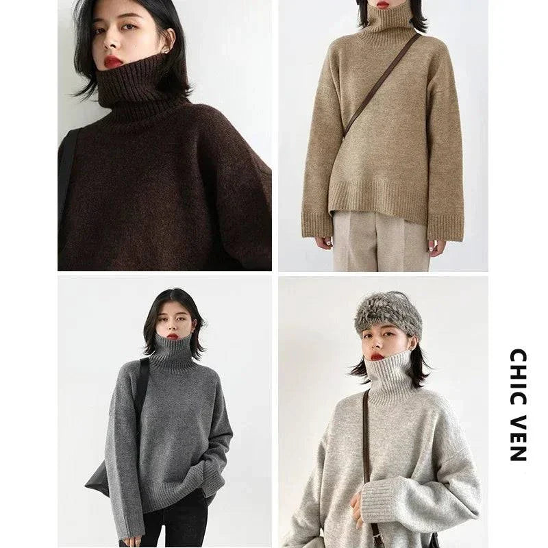 Women's sweater in various colors with loose turtleneck design for autumn and winter.