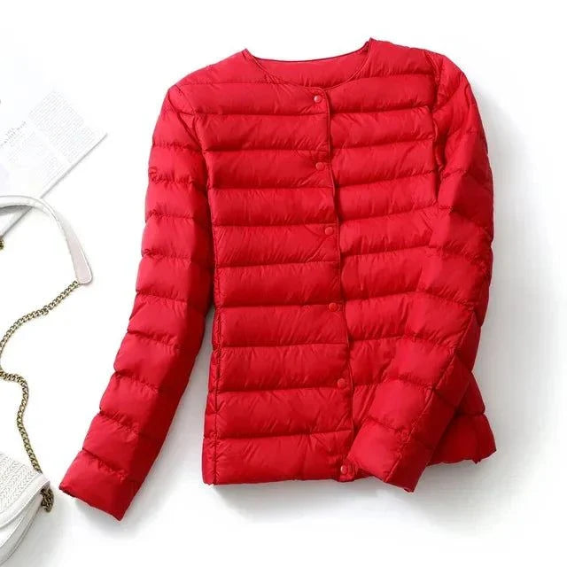 Ultralight warm women's collarless puffer jacket in red, ideal for spring and winter.