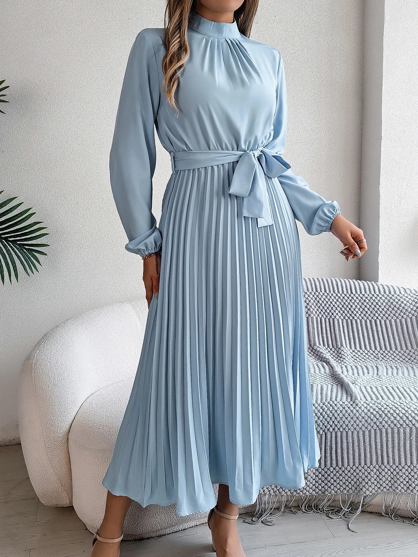 Elegant Stand-Up Collar Pleated Long Dress