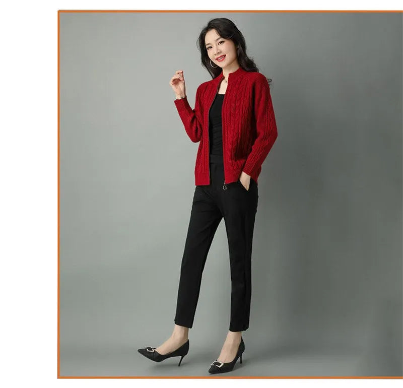 Half High Collar Zipper Knitted Cardigan Jacket for Women