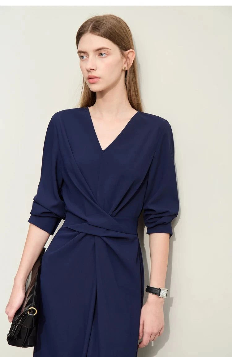 Elegant V-Neck Pleated A-Line Dress for Women