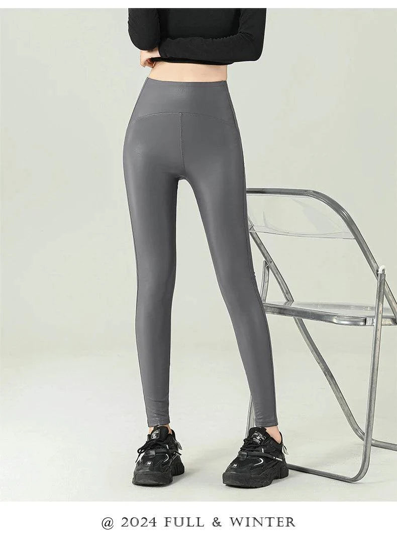 Fall Winter High-Grade Fleece PU Leather Leggings