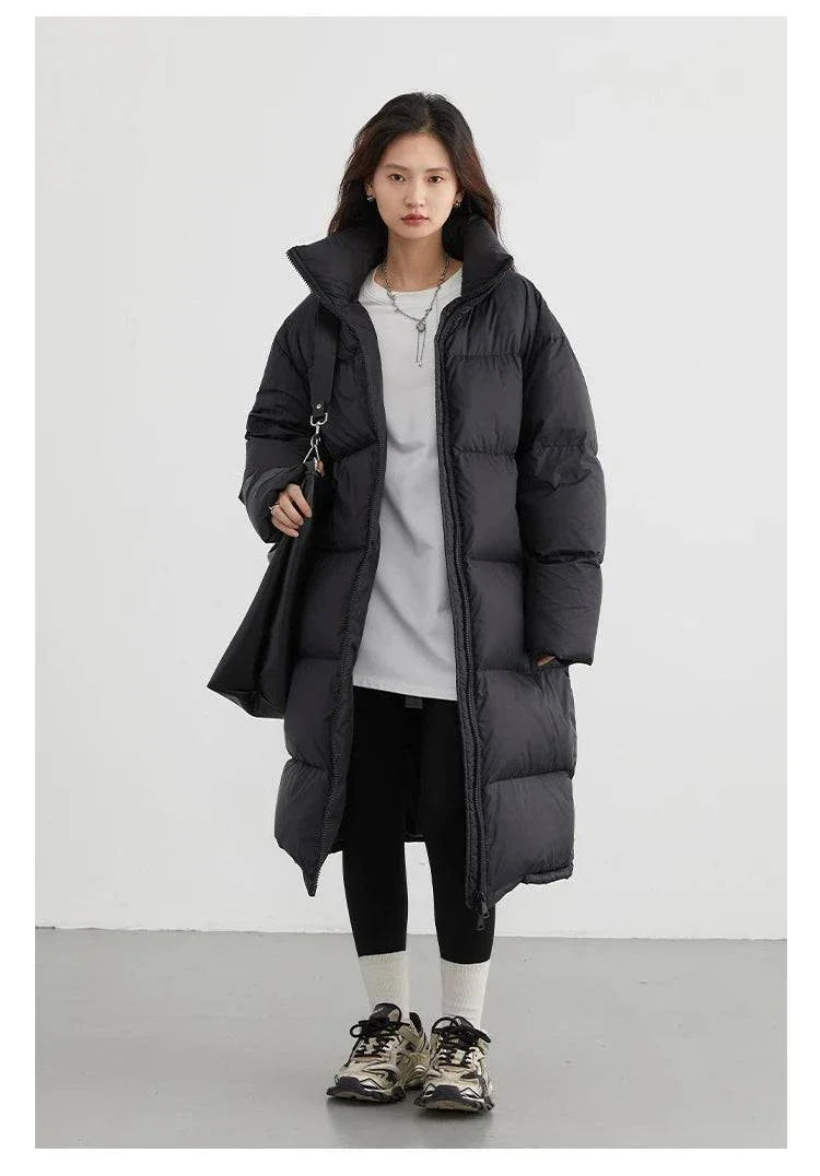 Women’s long down coat, thick and warm, autumn winter, casual loose fit.