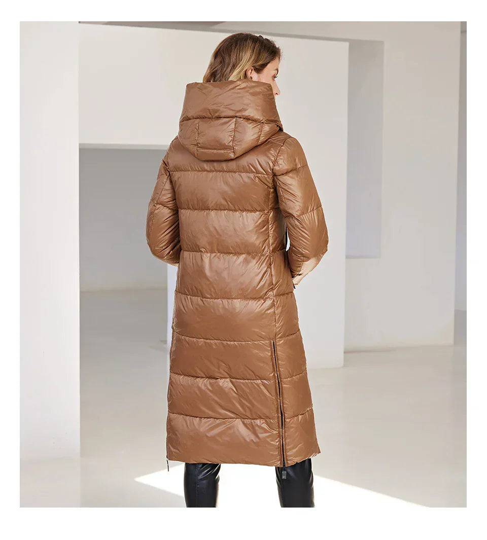 Women's long brown winter jacket with hood, warm and windproof design.