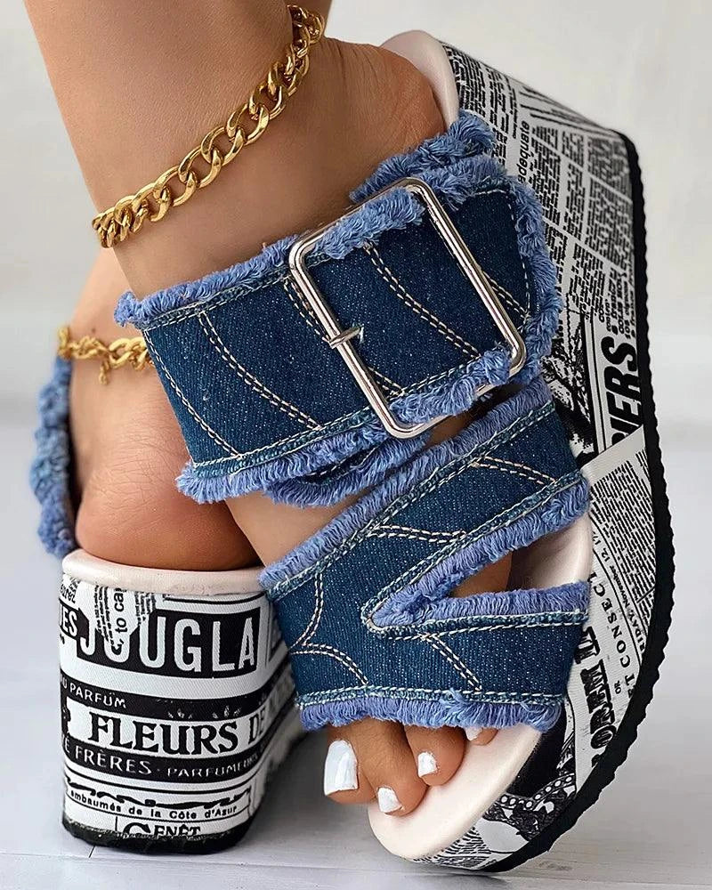 Chic Denim Wedge Sandals