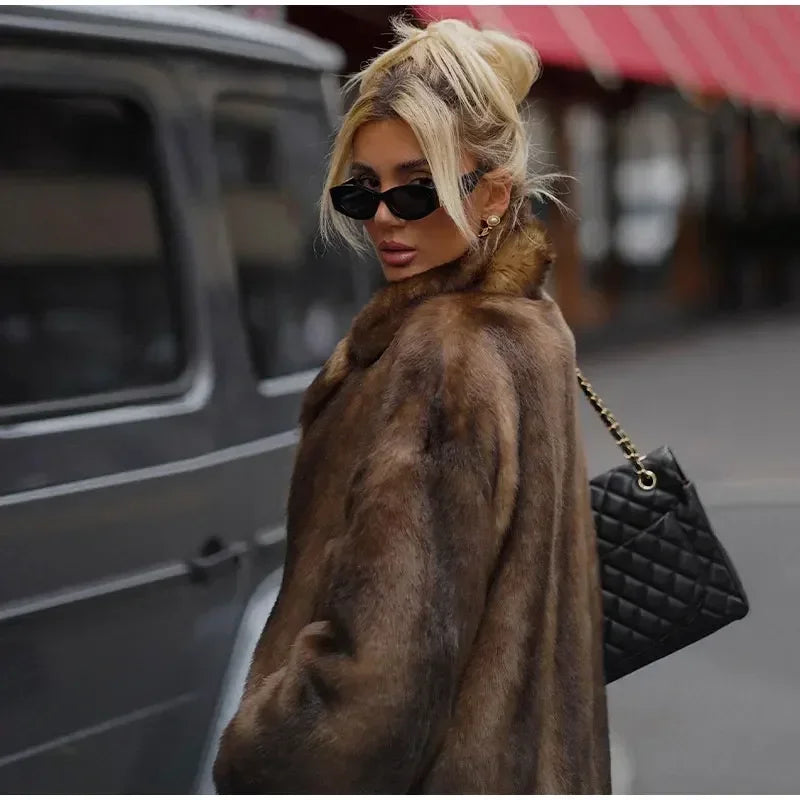 Dark Brown Faux Fur Long Overcoat for Women