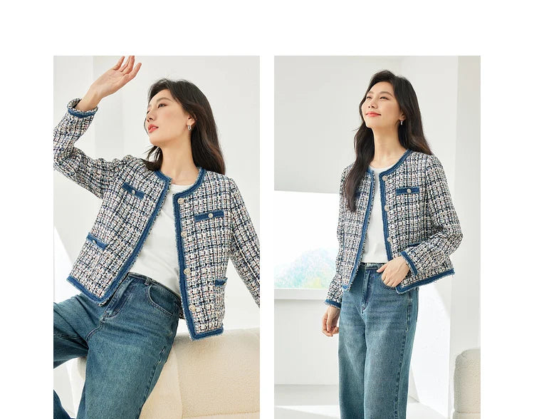 Vimly Plaid Tweed Cropped Jacket for Women