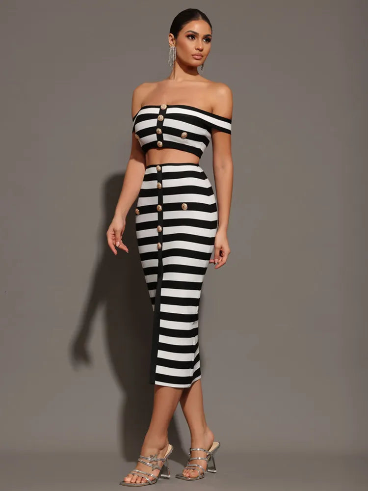 Striped Off-Shoulder Two-Piece Mini Set