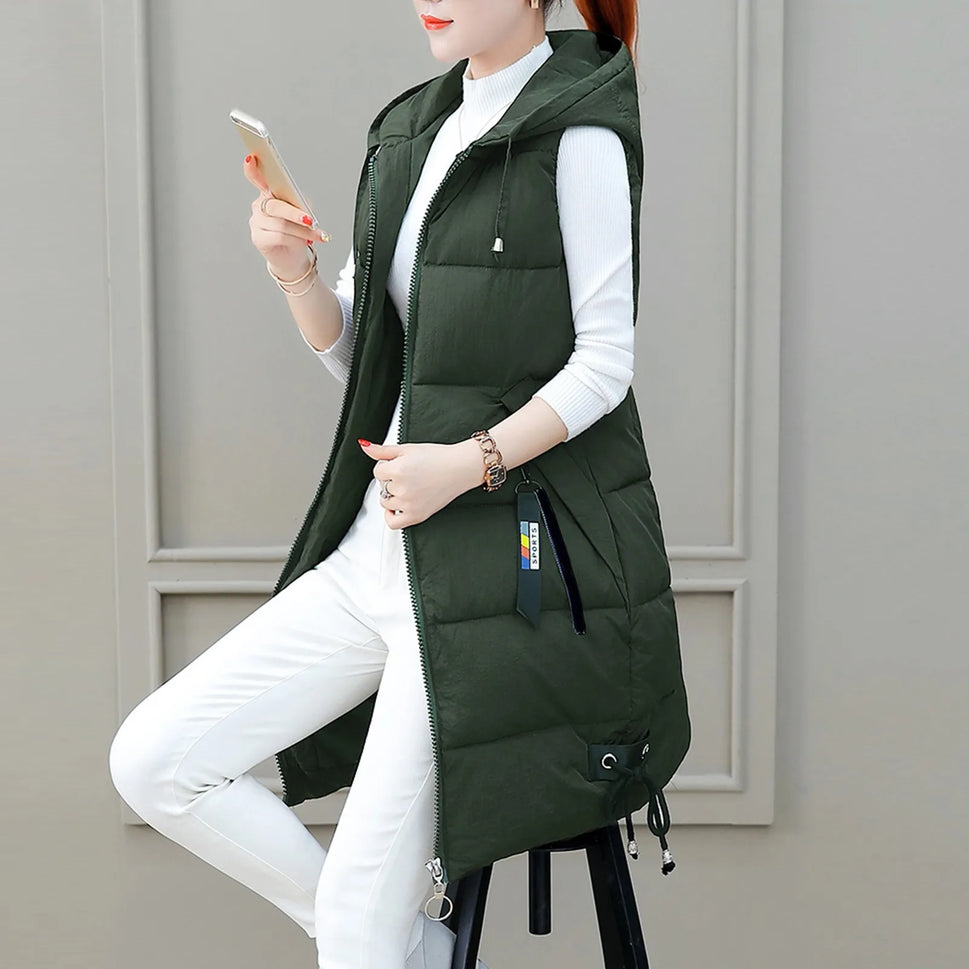 Women Solid Hooded Vest Zipper Pocket