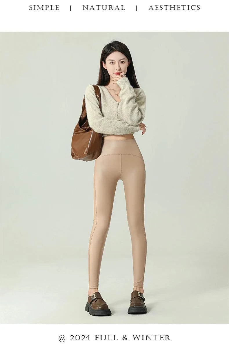 Fall Winter High-Grade Fleece PU Leather Leggings