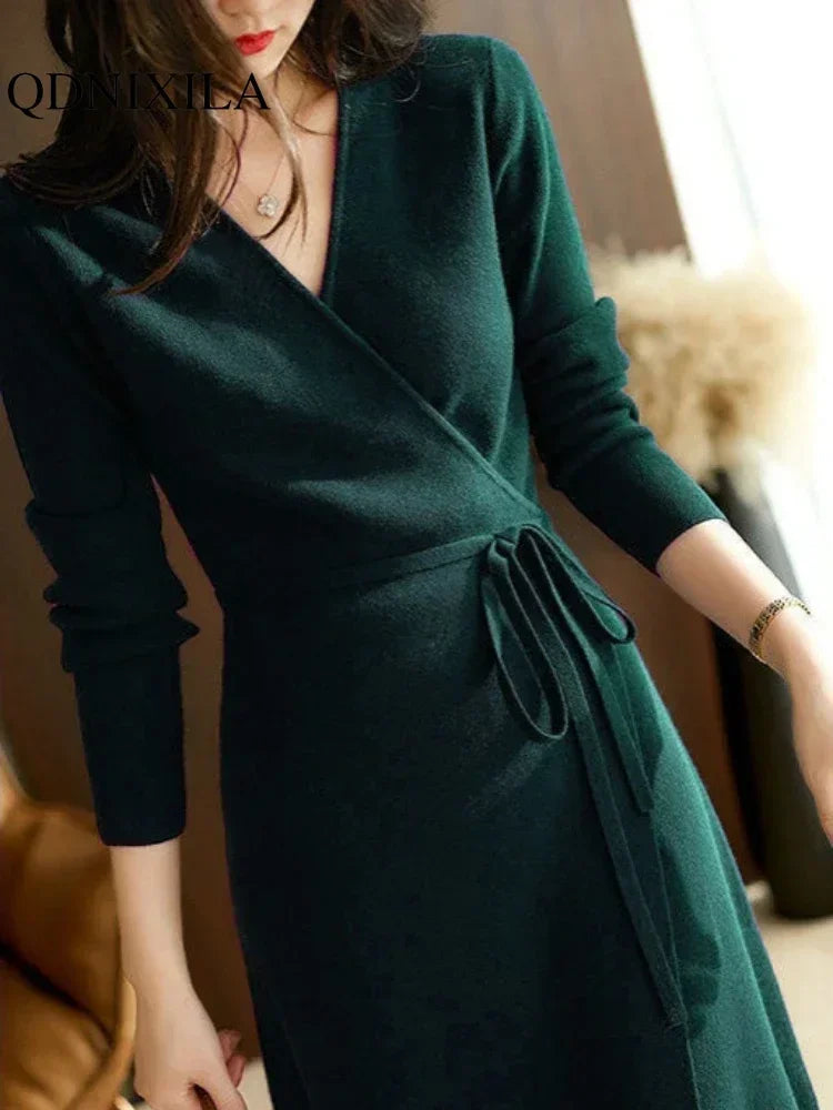 V-Neck Wrap-Up Knitted Dress for Women