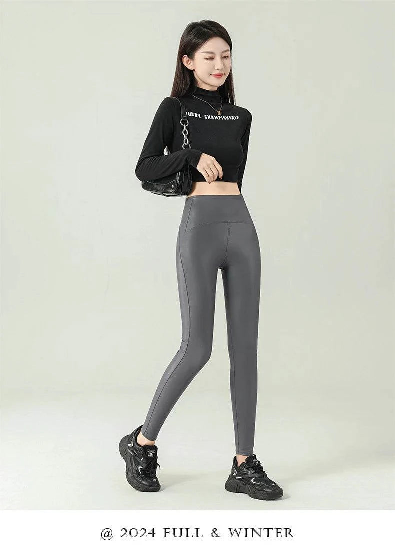 Fall Winter High-Grade Fleece PU Leather Leggings