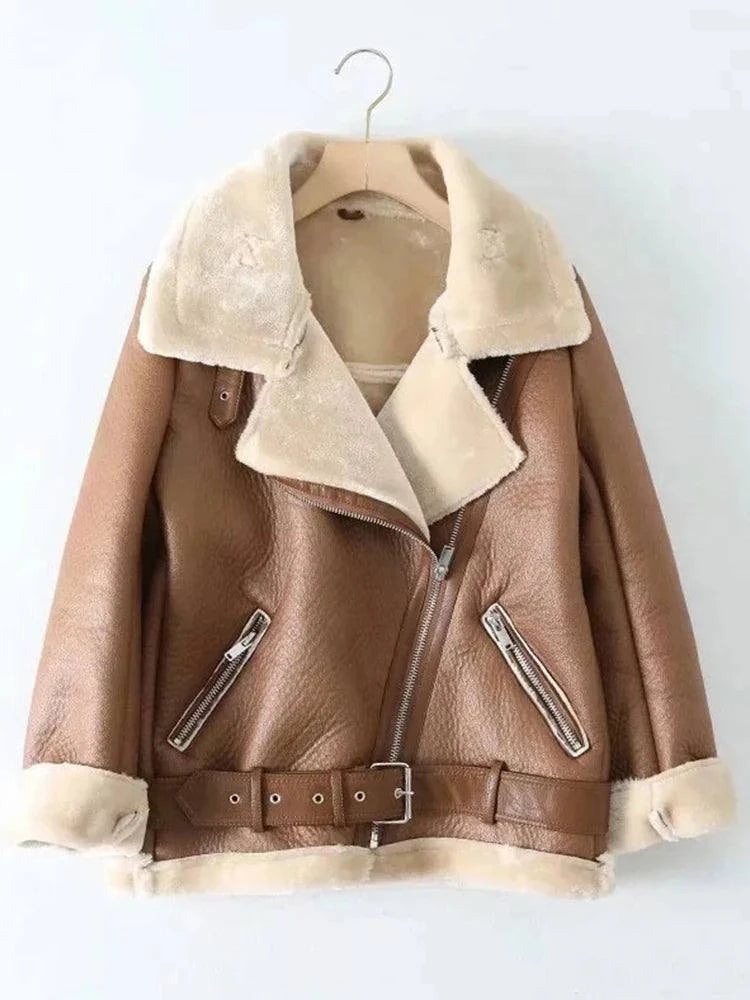 Ailegogo Winter Faux Leather Fur Jacket