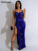 Switch Luxury rhinestone high side split blue dress with glamorous straps. 1 image