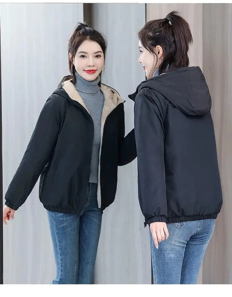 Women's winter fleece hooded jacket, warm windproof design, casual outdoor wear, plush cotton lining.