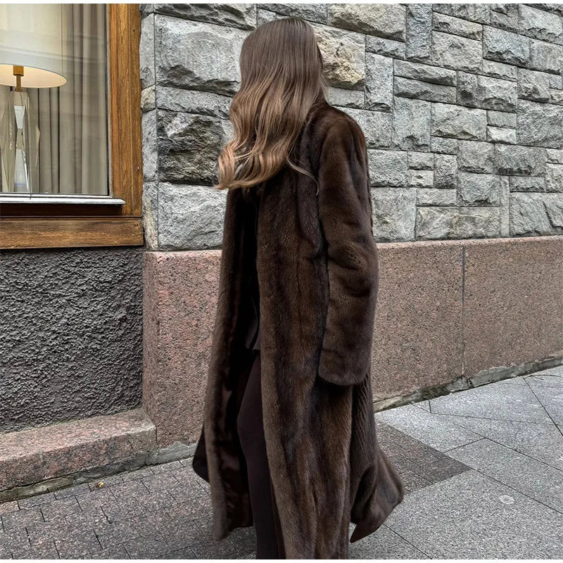 Dark Brown Faux Fur Long Overcoat for Women