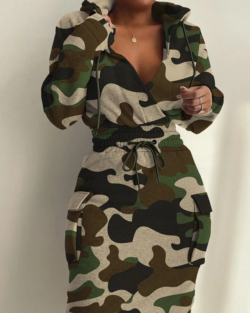 Camouflage Print Drawstring Midi Dress