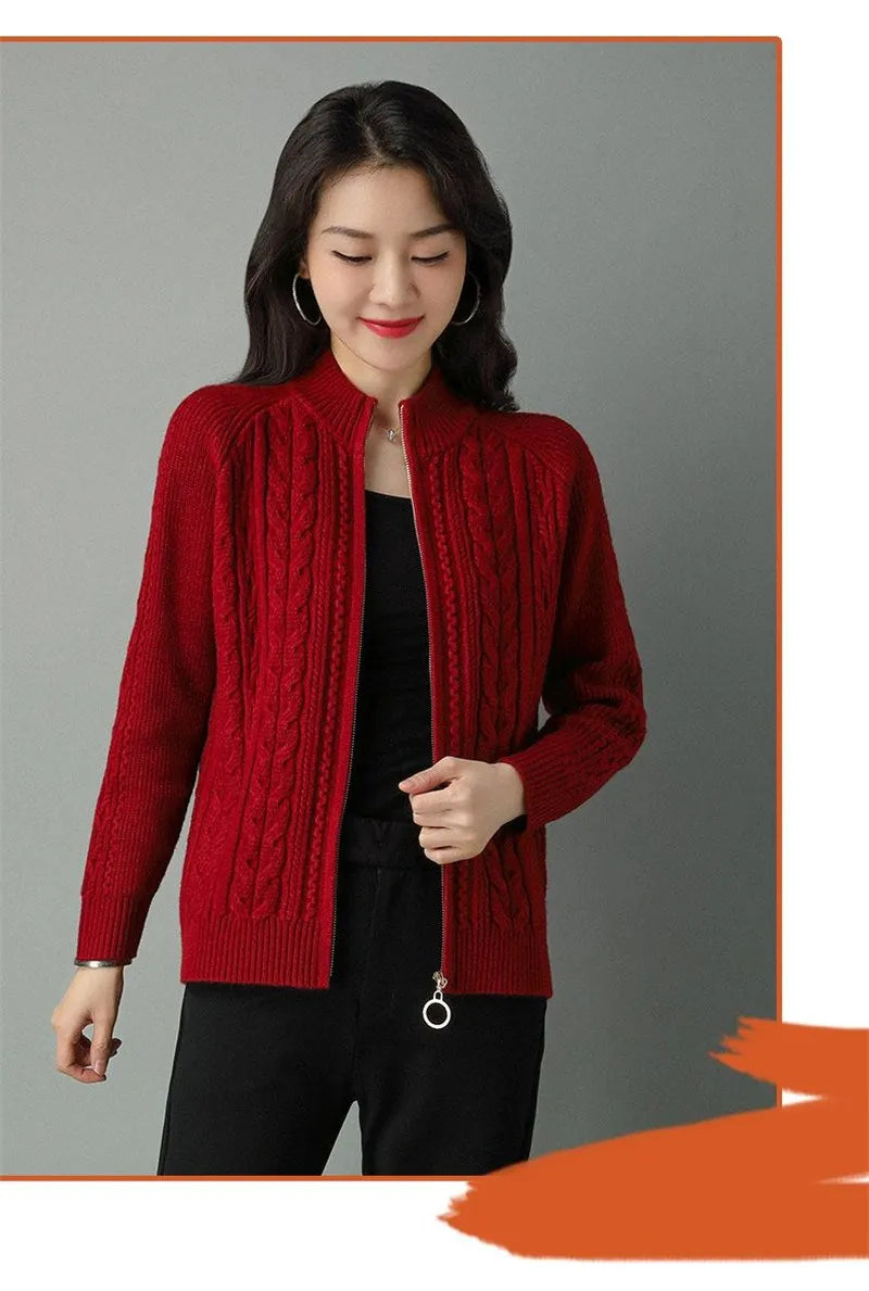 Half High Collar Zipper Knitted Cardigan Jacket for Women