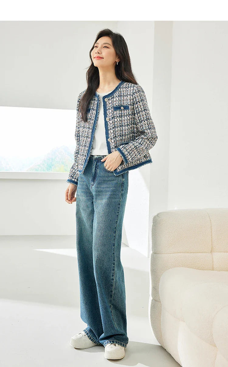 Vimly Plaid Tweed Cropped Jacket for Women