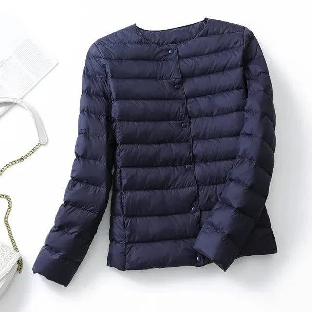 Ultralight warm women's puffer jacket, navy, collarless O-neck design from Alfadarling.