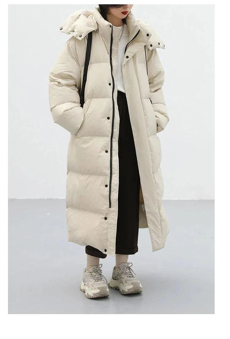 Women's Korean loose hooded long winter down coat, thick and warm.