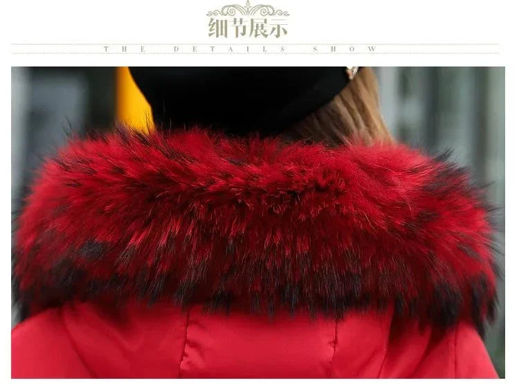 Winter fashion fur collar hoodie parka in red with luxurious fur trim, perfect for casual outings.