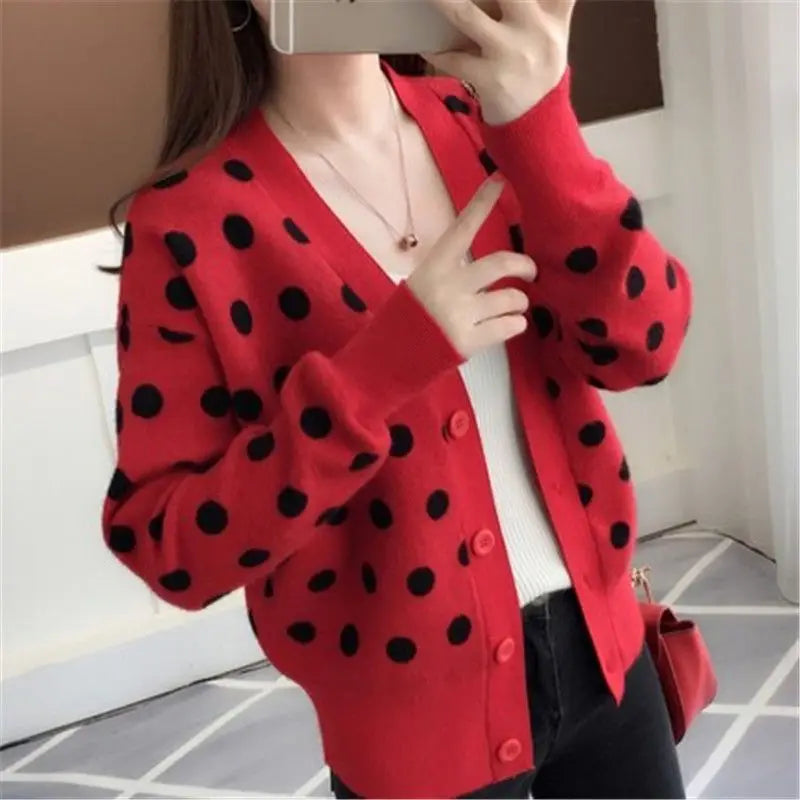 Women’s Autumn Winter Polka Dot V-neck Knitting Cardigan | Alfadarling