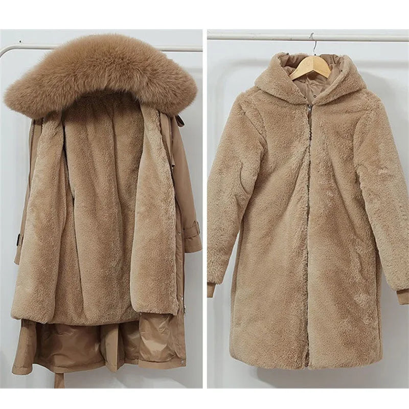 Women's Winter Parka with Fur Lining - Hooded, Fleece Padded