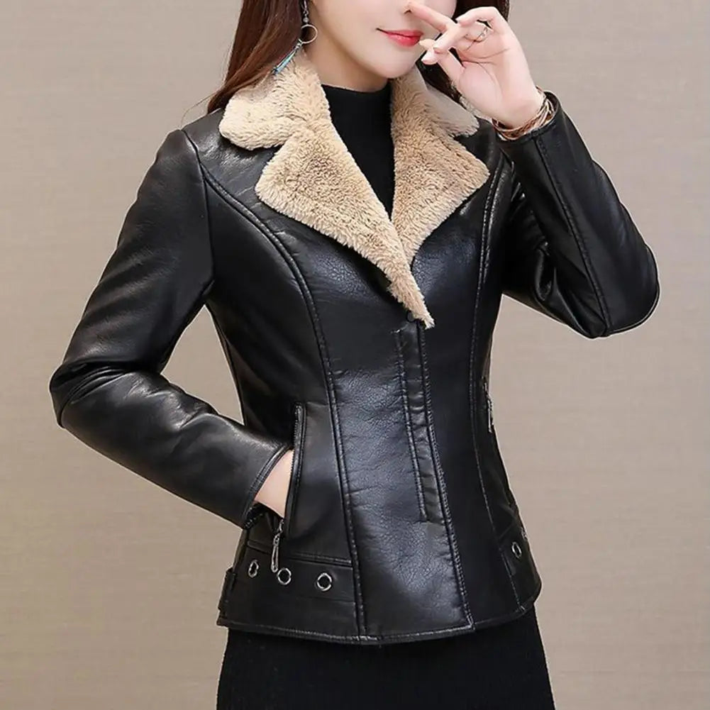 Plush Lapels Faux Leather Jacket for Women