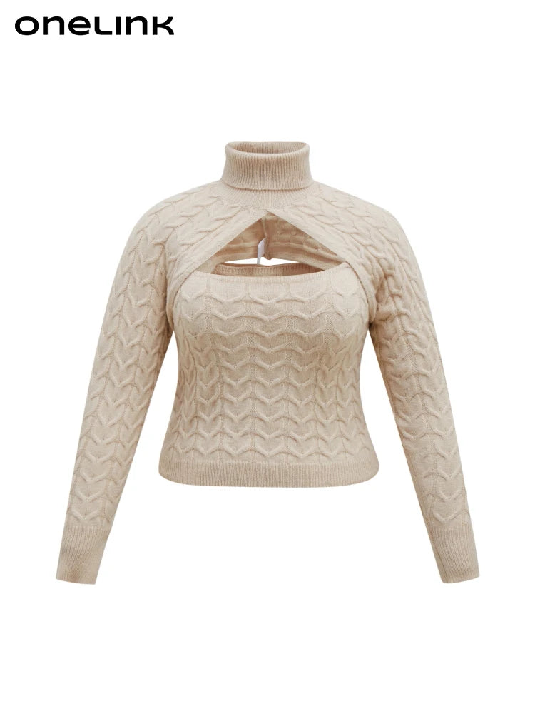 ONELINK Beige Turtleneck Hollow Out Plus Size Sweater