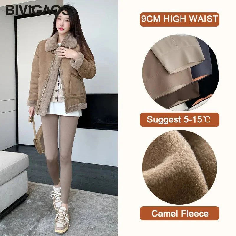 Autumn thin rabbit fleece shark leggings for women with high waist, elastic pressure fit, and camel fleece lining. Ideal for winter warmth and style.