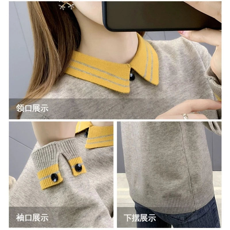 New Autumn Winter Contrast Color Doll Collar Sweater for Women