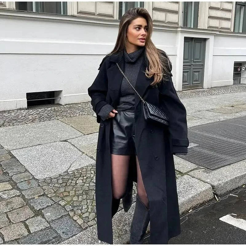 Elegant Black Woolen Long Coat with Belt