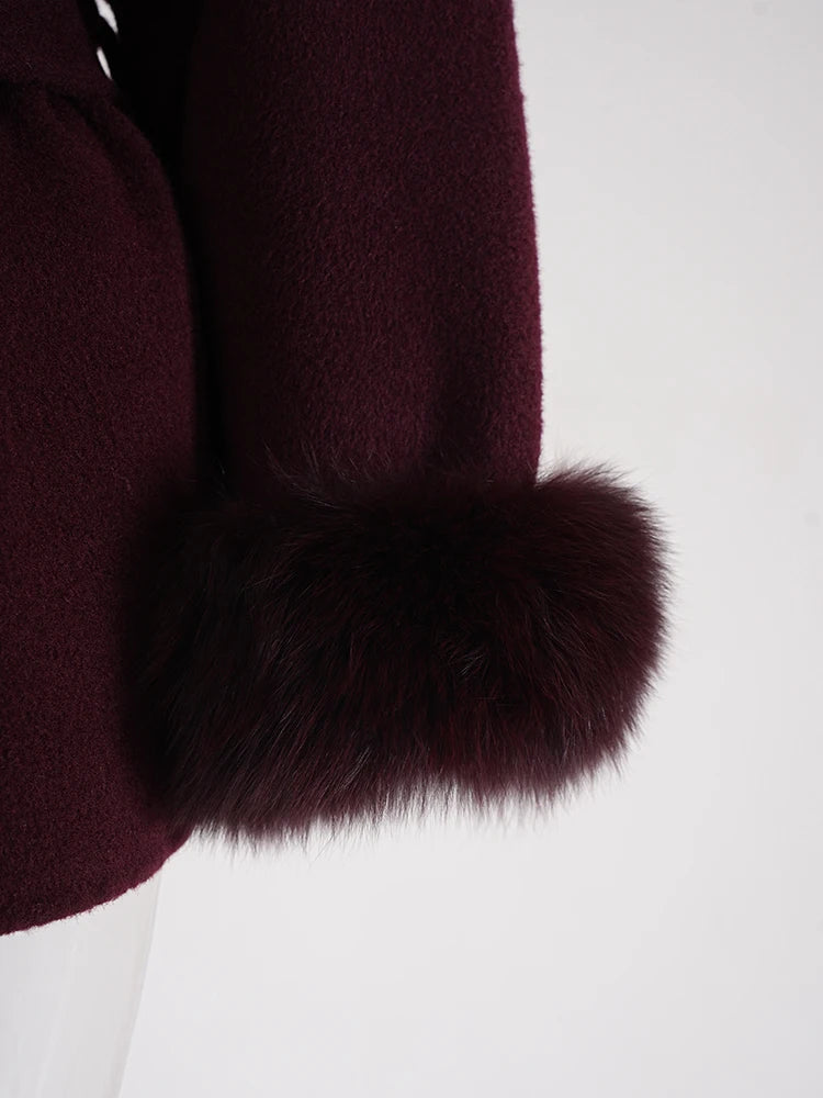 ZMEENNA Wine Red Fur Cuff Belted Woolen Coat for Women